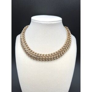 Vintage Double Curb Chain Necklace Chunky Gold Tone Statement Textured Retro